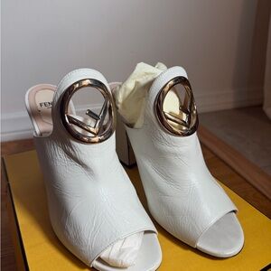 Fendi Cream Leather Peep-Toe Mules with Gold FF Medallion